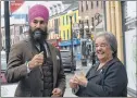 ?? JOE GIBBONS/THE TELEGRAM ?? Federal NDP Leader Jagmeet Singh speaks with NDP MHA Lorraine Michael on Tuesday on Water Street in St. John’s.