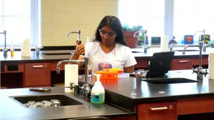  ?? South Fayette School District ?? Alekhya Buragadda works in a laboratory at South Fayette High School.