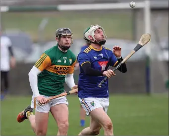  ??  ?? Wicklow’s John Henderson gets to this ball ahead of Kerry’s Michael Leane during the Allianz NHL Division 2A clash in Pearse’s Park, Arklow.