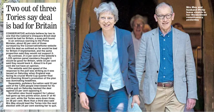  ??  ?? Mrs May and husband Philip leave church in her Maidenhead constituen­cy yesterday