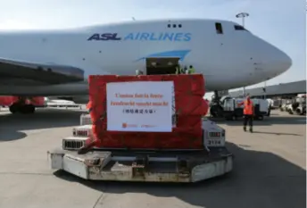  ??  ?? Face masks donated by Chinese charities arrive at the Liege Airport, Belgium, on March 16