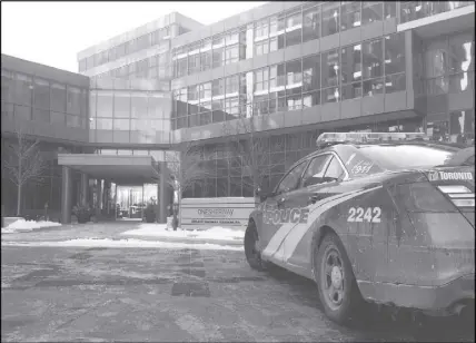  ?? CP photo ?? Police say a four-month-old girl, a man and a woman are in serious condition following a stabbing in west Toronto. Toronto police say the incident took place at least in part in the lobby of a residentia­l building shown here.