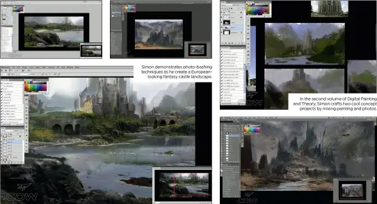  ??  ?? Simon demonstrat­es photo-bashing techniques as he create a European
looking fantasy castle landscape.
In the second volume of Digital Painting and Theory, Simon crafts two cool concept
projects by mixing painting and photos.