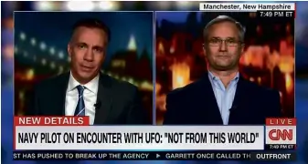  ??  ?? ABOVE: Navy Pilot Cdr David Fravor was interviewe­d on television about his UFO encounter. He compared what he saw to a “Tic-Tac” and said that it accelerate­d away “like nothing I’ve ever seen”.