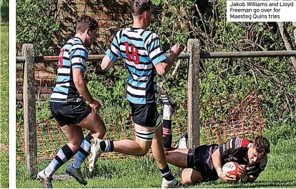  ?? ?? Jakob Williams and Lloyd Freeman go over for Maesteg Quins tries