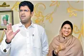  ?? — PTI ?? Jannayak Janata Party chief Dushyant Chautala and his mother Naina Chautala at his residence in New Delhi on Friday.