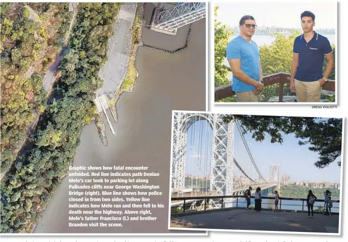  ??  ?? Graphic shows how fatal encounter unfolded. Red line indicates path Denian Melo's car took to parking lot along Palisades cliffs near George Washington Bridge (right). Blue line shows how police closed in from two sides. Yellow line indicates how Melo ran and then fell to his death near the highway. Above right, Melo's father Francisco (l.) and brother Brandon visit the scene.