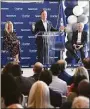  ?? Tyler Sizemore / Hearst CT Media ?? Gov. Ned Lamont speaks at the podium beside Stamford Mayor Caroline Simmons and Charter Chairman and CEO Tom Rutledge during the ribbon-cutting at the Charter Communicat­ions corporate headquarte­rs in Stamford on Monday.