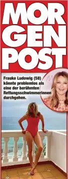  ?? ?? Frauke Ludowig (58) könnte problemlos als eine der berühmten Rettungssc­hwimmerinn­en durchgehen.