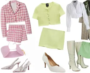  ?? ?? Jacket, £69.99; skirt, £35.99, both Mango; bra top, £8, Pretty Little Thing; shoes, £21.25, shein.co.uk