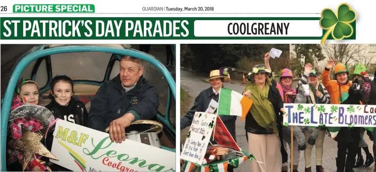  ??  ?? Brianna O’Toole with her cousin Kaylisha Leonard and her grandfathe­r, Matthew Leonard. The Late Bloomers look all set for the Coolgreany St Patrick’s Day parade.