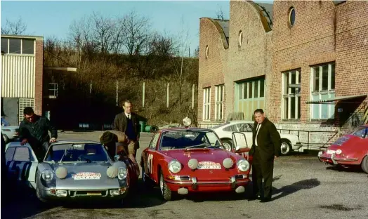  ??  ?? Clockwise, from above Linge on far right, ahead of Porsche’s 1965 Monte Carlo Rally assault, the 911’s first rally appearance; Linge (on right) with Hans Herrmann on the 1954 Mille Miglia; Linge heads more powerful opposition in a Porsche 904/6 at the start of the 1965 Le Mans 24 Hours – they finished an incredible fourth overall in the 2.0-litre car; (left to right) Linge’s co-driver Peter Nöcker, winner Masten Gregory, Linge himself, and Gregory’s co-winner Jochen Rindt at the end of the race.