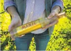  ??  ?? Winemaker Mandy Heldt Donovan, top and above, tastes and tests her 2018 Pinot Gris, sans brett. Left: Donovan holds a bottle of her Merisi Manic White, which she inoculated with a strain of brett.