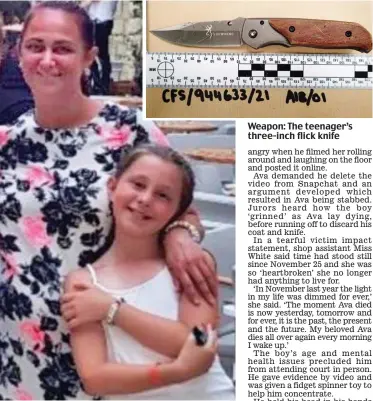  ?? ?? Heartbroke­n: Ava White with her mother Leanne
Weapon: The teenager’s three-inch flick knife