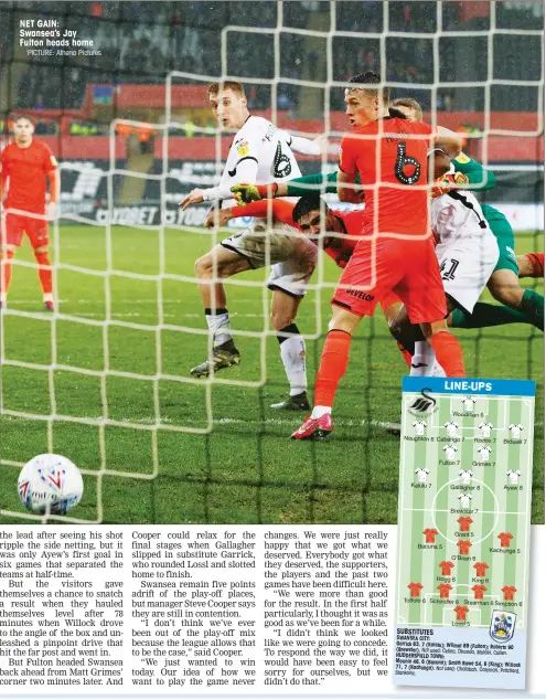  ?? PICTURE: Athena Pictures ?? NET GAIN: Swansea’s Jay Fulton heads home