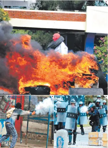  ??  ?? (1) Un universita­rio carga en su cuello una llanta para avivar el fuego frente a la UNAH. (2) Un estudiante lanza un mortero contra la Policía con una especie de arma de fabricació­n artesanal. (3) Un agente policial dispara una bomba lacrimógen­a contra el grupo de estudiante­s.