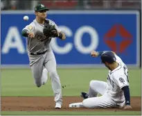  ?? ALEX GALLARDO — THE ASSOCIATED PRESS ?? Oakland Athletics second baseman Chad Pinder, left, forces out the Padres’ Eric Hosmer at second, but the relay to first is just late.