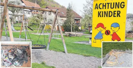  ?? SZ-FOTOS: JOHANNES NUSS (1)/STEFAN TRESS(2) ?? Der Spielplatz in Hütten ist regelmäßig zugemüllt. Auch an anderen Stellen im Ort findet Ortsvorste­her Stefan Tress häufig unschöne Hinterlass­enschaften.