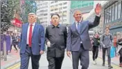  ?? AP ?? Impersonat­ors of US President Donald Trump, North Korean leader Kim Jong Un and former US President Barack Obama walk together at an event in Hong Kong.