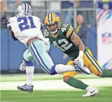  ?? JIM MATTHEWS/USA TODAY NETWORK-WISCONSIN ?? Morgan Burnett of the Packers zeroes in on Cowboys running back Ezekiel Elliott on Sunday. Burnett has been ruled out of the Vikings game.