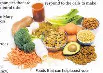  ??  ?? Foods that can help boost your folic acid intake including cereals, nuts, and dark green veg