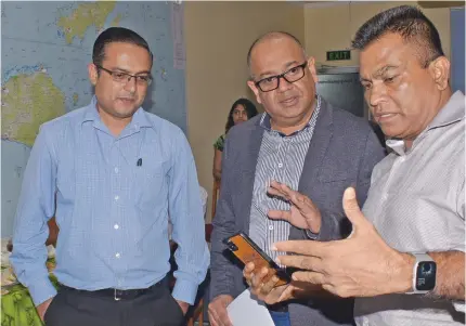  ?? Photo: Ronald Kumar ?? From left: The Agro Marketing Authority (AMA) chief executive officer Alvin Sharma, Permanent Secretary for Agricultur­e Ritesh Dass and Vodafone Fiji head of e-commerce Shailendra Prasad during the launch of the M-PAiSa farmer payment on June 2, 2020.