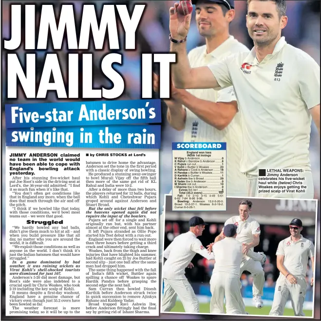  ??  ?? LETHAL WEAPONS: Jimmy Anderson celebrates his five-wicket haul while (below) Chris Woakes enjoys getting the prized scalp of Virat Kohli