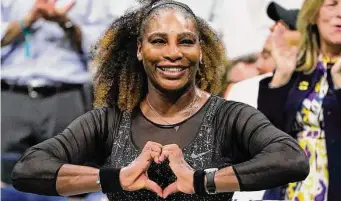  ?? John Minchillo / Associated Press ?? Serena Williams shows her love for fans after defeating Danka Kovinic during the first round of the U.S. Open tennis championsh­ips.