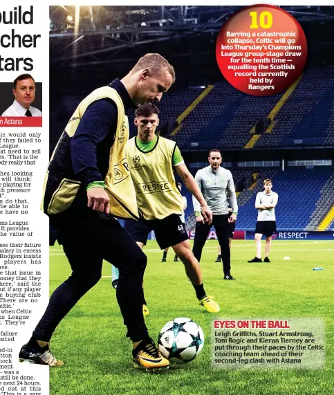  ??  ?? EYES ON THE BALL Leigh Griffiths, Stuart Armstrong, Tom Rogic and Kieran Tierney are put through their paces by the Celtic coaching team ahead of their second-leg clash with Astana