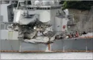  ?? THE ASSOCIATED PRESS ?? The damaged part of USS Fitzgerald is seen at the U.S. Naval base in Yokosuka, Japan, on Sunday.