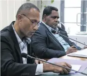  ?? Photo: Fonua Talei ?? Pastor Manasa Tusulu, closest to camera, with Etueni Caucau during the Christian Mission Fellowship Internatio­nal submission before the parliament­ary Standing Committee on Justice, Law and Human Rights on April 12, 2018.