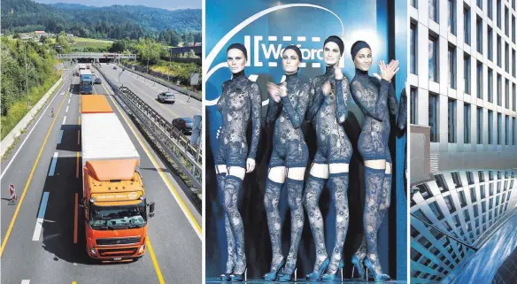  ?? FOTOS: ROLAND RASEMANN ?? Symbole für die Vielfalt Vorarlberg­s: Lastwagen der Gebrüder Weiss, Dessous von Wolford und das Holzhochha­us Cree Life Cycle Tower in Dornbirn.