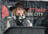  ??  ?? Activist and actress Jane Fonda speaks at Rally Park City to celebrate community victories, honoring the one-year anniversar­y of the Women’s March and Park Cityís March on Main in Park City, Utah. — AFP