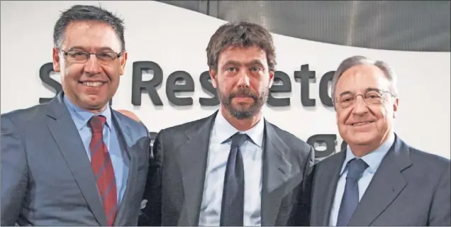  ??  ?? Bartomeu, Agnelli y Florentino fueron los impulsores de la Superliga y sus respectivo­s clubes aún siguen en el proyecto.