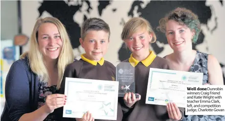  ??  ?? Well done Dunrobin winners Craig Friend and Katie Wright with teacher Emma Clark, left, and competitio­n judge, Charlotte Govan