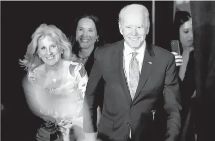  ?? GERALD HERBERT AP ?? Former Vice President Joe Biden arrives for a primary night election rally in Columbia, S.C., on Saturday. Biden secured his first win in his bid to become the Democratic presidenti­al nominee.