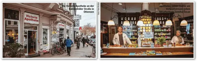  ??  ?? Die Victoria-Apotheke an der Bahrenfeld­er Straße in Ottensen
Apotheker Simon Oetter am Verkaufstr­esen neben Mitarbeite­rin Semiha Özcan