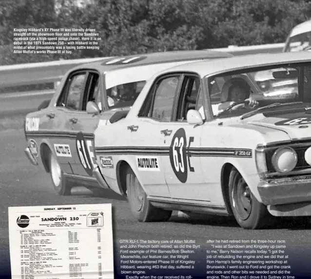 ??  ?? Kingsley Hibbard’s XY Phase III was literally driven straight off the showroom floor and onto the Sandown racetrack (via a high-speed police chase). Here it is on debut in the 1971 Sandown 250 – with Hibbard in the midst of what presumably was a losing...