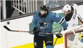  ?? MARCIO JOSE SANCHEZ/ASSOCIATED PRESS ?? Sharks’ Brent Burns, left, has 70 points in 73 games this season but no points in the last seven games.