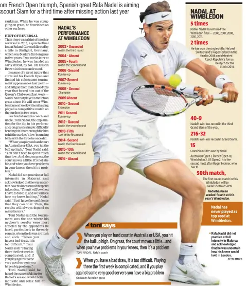  ?? GETTY IMAGES ?? Rafa Nadal did not practice at full intensity in Majorca and acknowledg­ed that he was uncertain how his knees would hold in London.