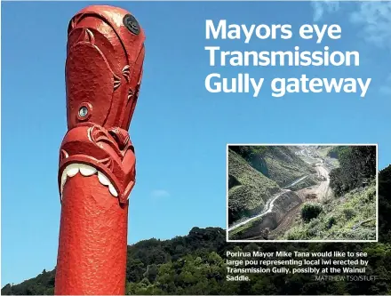  ?? MATTHEW TSO/STUFF ?? Porirua Mayor Mike Tana would like to see large pou representi­ng local iwi erected by Transmissi­on Gully, possibly at the Wainui Saddle.