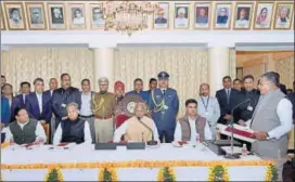  ?? HT PHOTO ?? Governor Kalyan Singh administer­s oath to protem speaker Gulab Chand Kataria at the Raj Bhawan on Monday. CM Ashok Gehlot, deputy CM Sachin Pilot and minister Shanti Dhariwal are also seen.