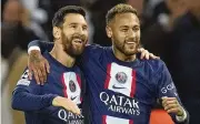  ?? CHRISTOPHE ENA / AP ?? PSG’s Neymar (right) and Lionel Messi celebrate after their side’s third goal during a match between Paris Saint Germain and Maccabi Haifa in Paris on Oct. 25. Messi is seeking a fifth Champions League title.