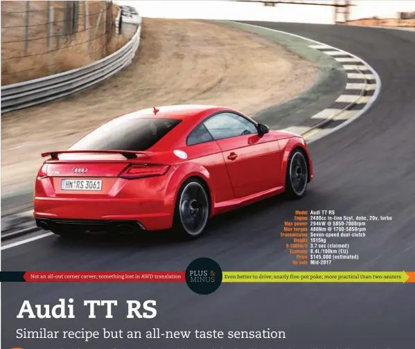  ??  ?? Model Audi TT RS Engine 2480cc in-line 5cyl, dohc, 20v, turbo Max power 294kw @ 5850-7000rpm Max torque 480Nm @ 1700- 5850rpm Transmissi­on Seven- speed dual- clutch Weight 1515kg 0-100km/ h 3.7 sec ( claimed) Economy 8.4L/ 100km ( EU) Price $ 145,000 (...
