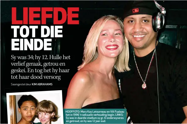  ??  ?? HOOFFOTO: Mary Kay Letourneau en Vili Fualaau het in 1996 ’n seksuele verhouding begin. LINKS: Sy was in daardie stadium sy gr. 6-onderwyser­es en getroud, en hy was 12 jaar oud.