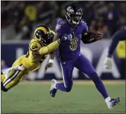  ?? MARCIO JOSE SANCHEZ — THE ASSOCIATED PRESS ?? Ravens star quarterbac­k Lamar Jackson, right, will test the 49ers’ vaunted defense with his arm and his legs.