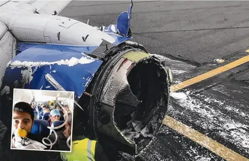  ?? Pictures: AP, FACEBOOK ?? The engine on the Southwest Airlines plane is inspected as it sits on the runway in Philadelph­ia after making an emergency landing. INSET: Facebook image from the page of passenger Marty Martinez of scenes inside the plane after the explosion.