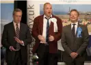  ?? (centre). Photograph: Matt Dunham/AP ?? Conservati­ve MP Craig Mackinlay, right, winning the seat of South Thanet in 2015, beating his former Ukip colleague Nigel Farage (left) and comedian Al Murray