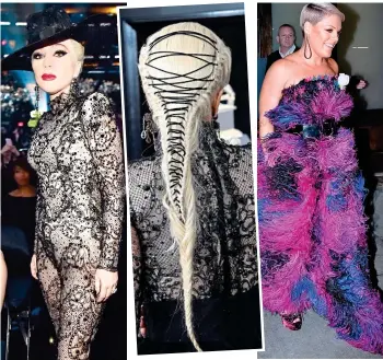  ??  ?? Bizarre: Lady Gaga’s lace jumpsuit and plaited hair, and Pink’s feather gown