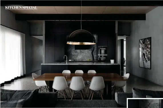  ??  ?? DARK ARTS Top: Flack Studio used a dark palette, unusual in contempora­ry kitchen design. Above: an Arik Levi sculpture from Bitossi.